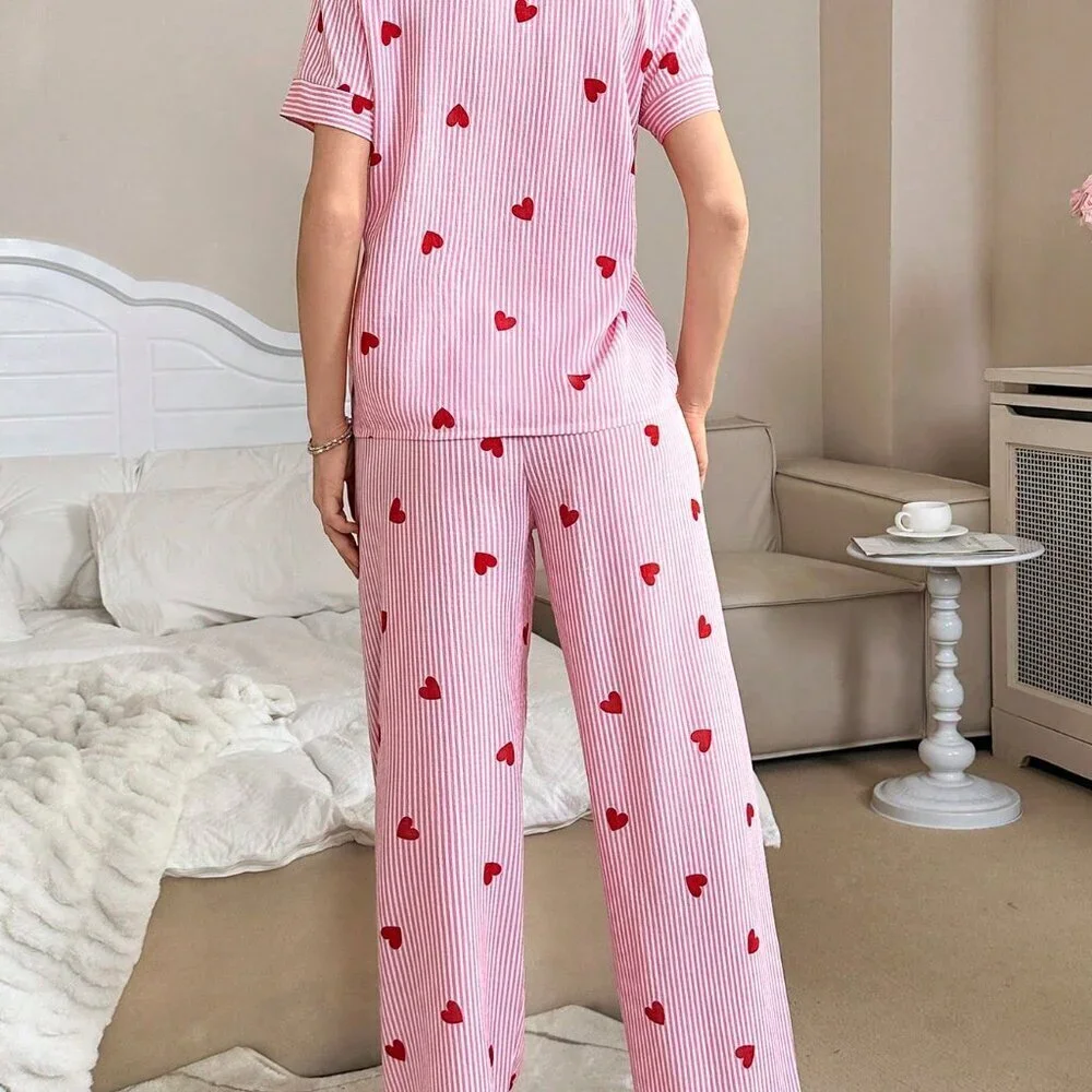 Pink Romantic Women's Valentine's Day Stripe & Heart Print Lapel Pajamas